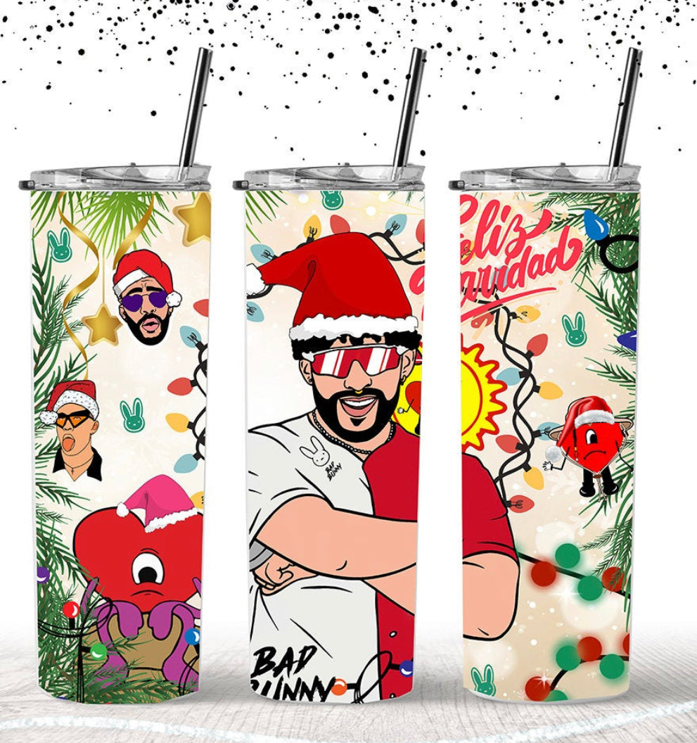 Bad Bunny Christmas Glass Tumbler With Bamboo Lid and Straw. -  in 2023