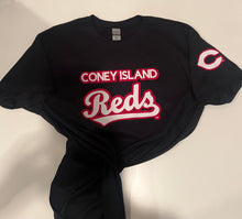 Load image into Gallery viewer, Red baseball shirt with front back and sleeve design
